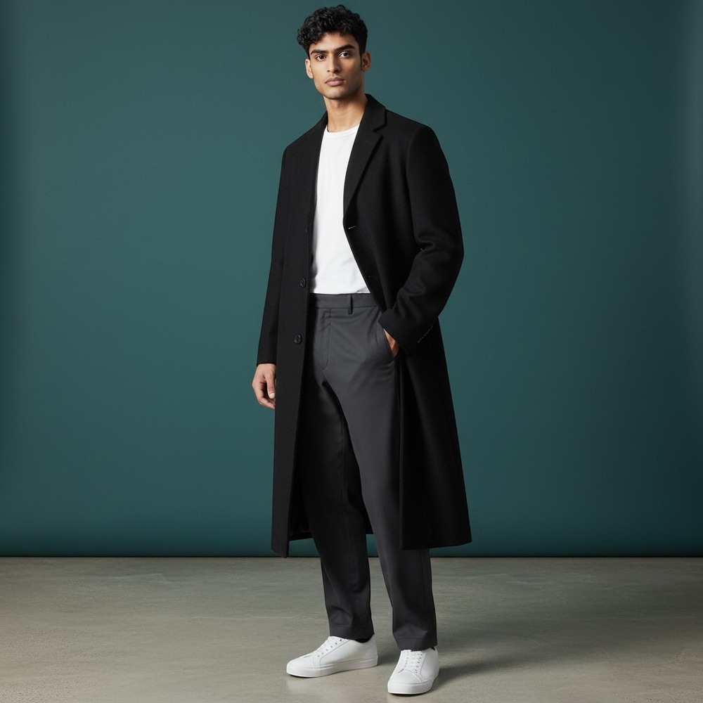 Kasper Overcoat Black Cashmere Blend 46L Long Trench Coat Mens